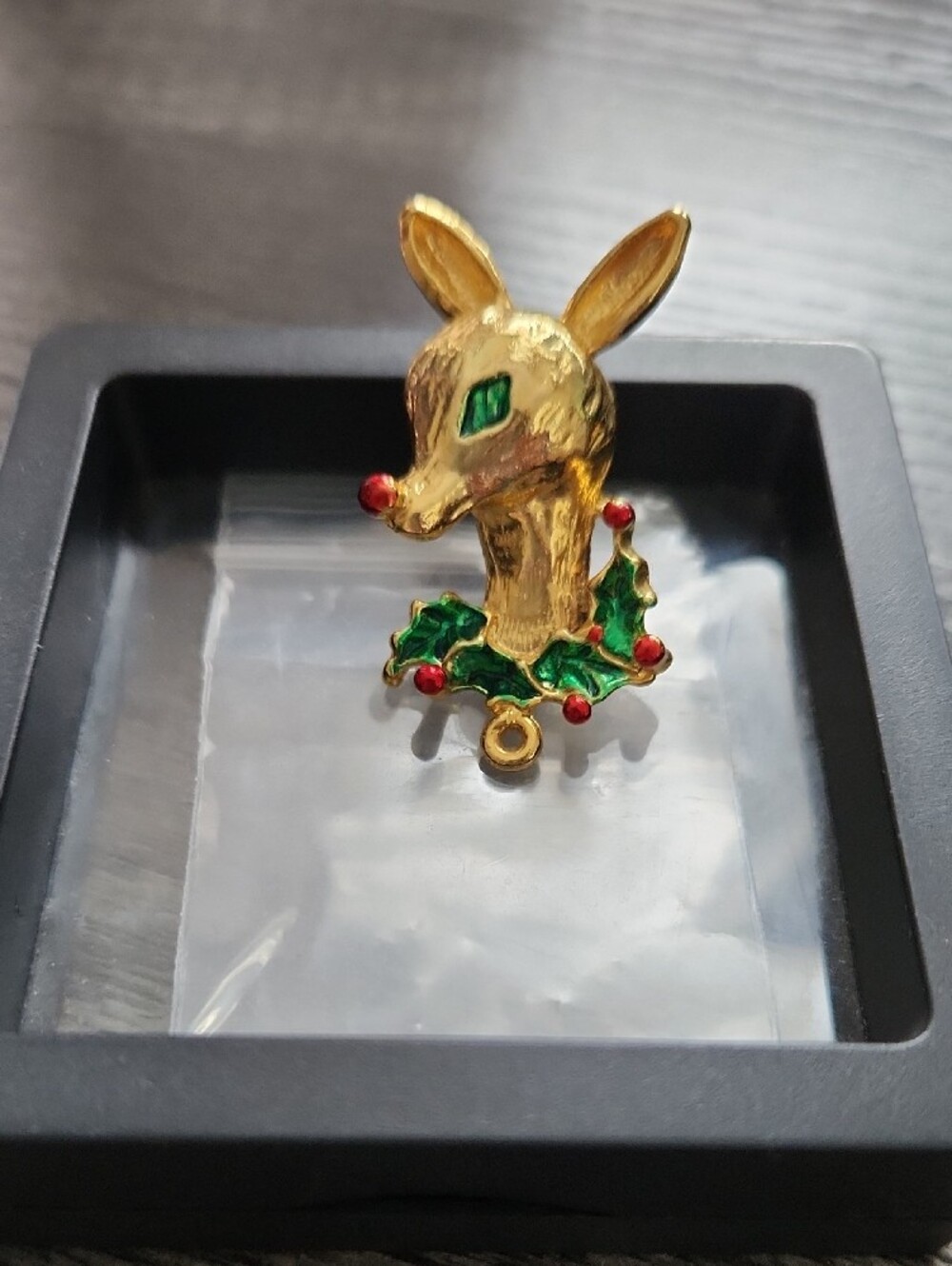 Vintage Gerry's Gold-tone Christmas Reindeer Brooch with Green and Red Enamel